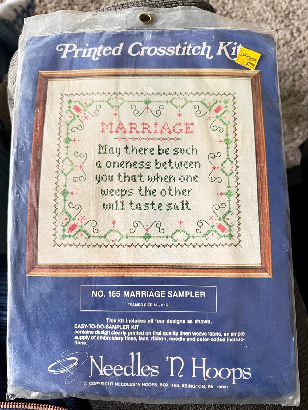 Needles 'N Hoops Printed Crosstitch Kit - Marriage Sampler - Pink & Green